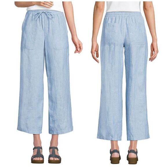 Women's Lands End High-Rise Pull-On Drawstring Linen Wide-Leg Cropped Pants XL - Picture 1 of 10